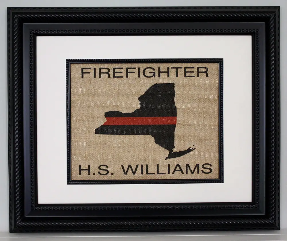 Firefighter Gift For Men Women Thin Red Line Flag across Any US State - Personalized on Burlap for Home or Office - Retirement Graduation Promotion