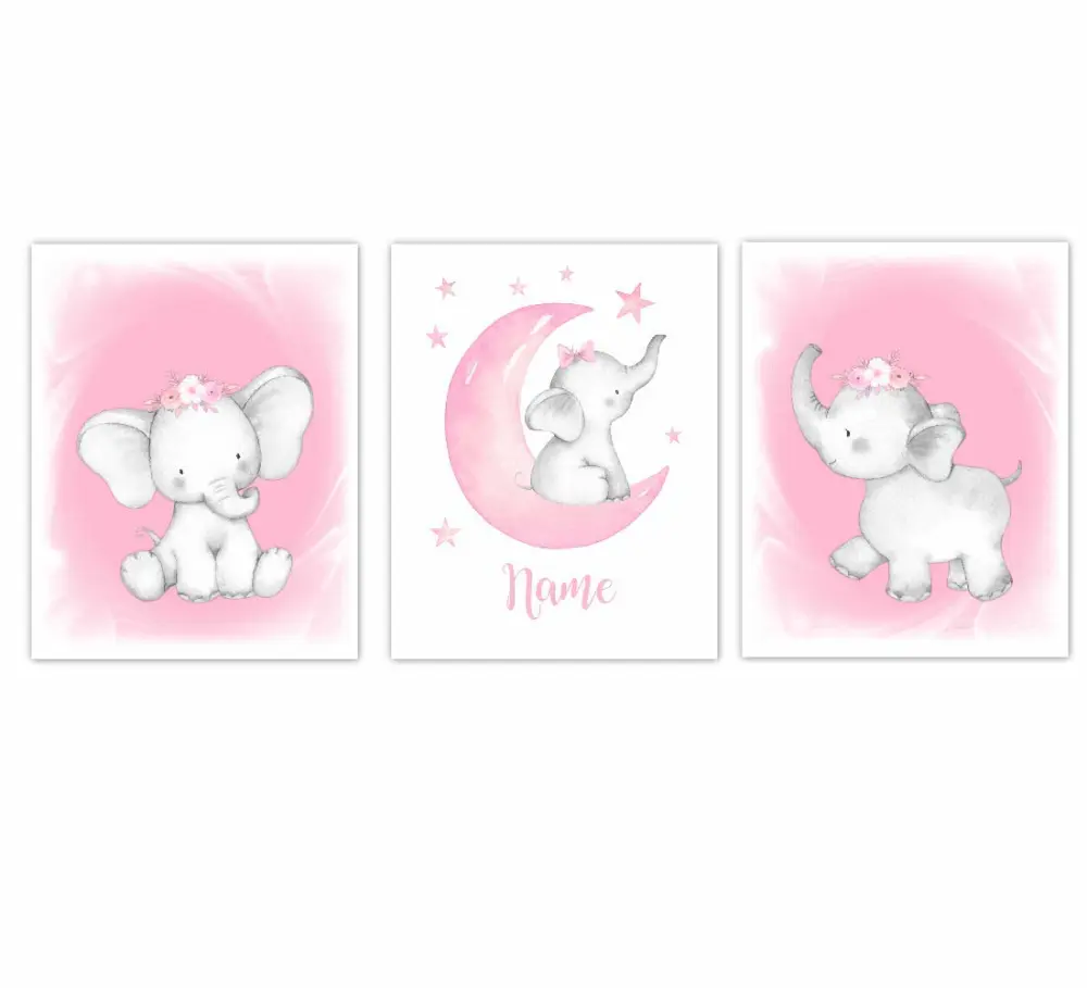 Pink Elephant Baby Girl Nursery Decor Watercolor Wall Art Shower Gift Kids Bedroom Pictures 3 UNFRAMED PRINTS