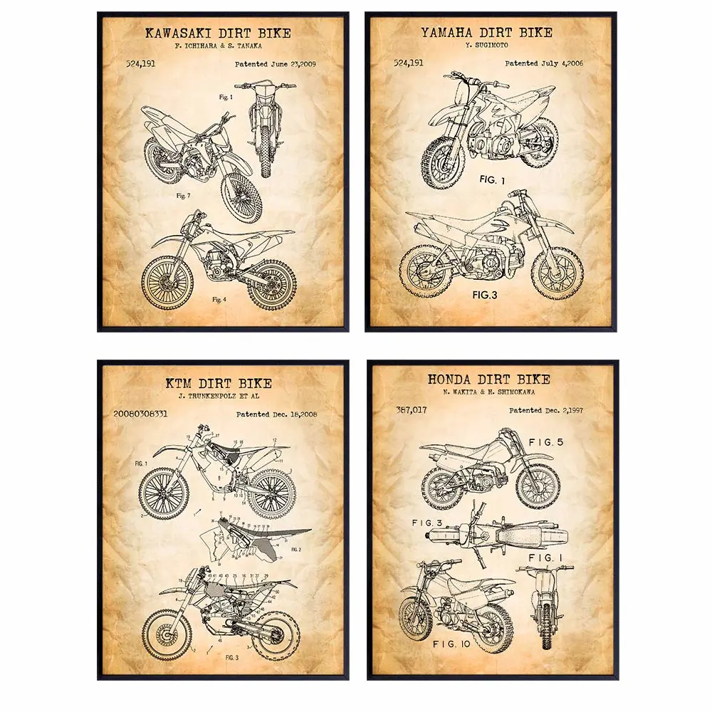 Motorcycle Dirt Bike Patent Art Prints - Vintage Wall Art Poster Set - Chic Rustic Home Decor for Man Cave, Boys, Kids, Teens Room, Office, Garage, Den - Gift for Dirtbike Fans - 8x10 Photo - Unframed