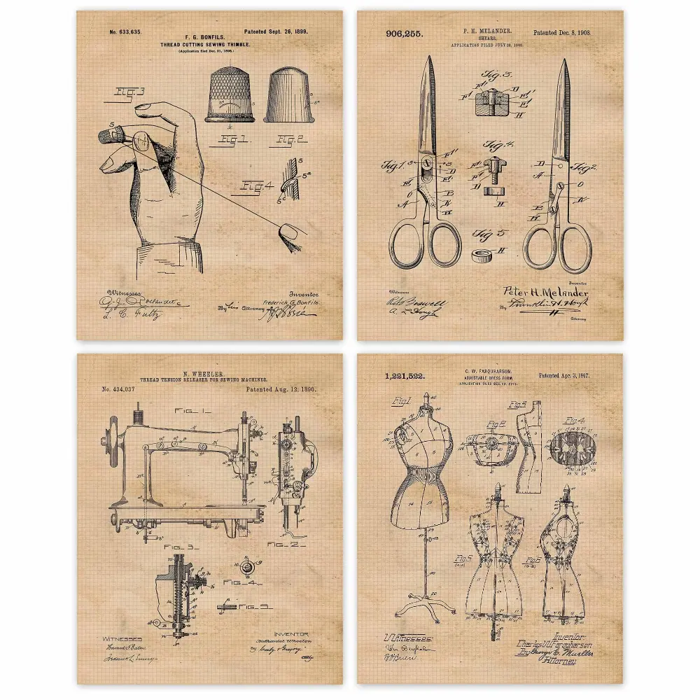 Vintage Sewing Machine Patent Prints, 4 (8x10) Unframed Photos, Wall Art Decor Gift for Home Craftsman Office Work Shop Salon College Student Teacher School Fashion Design Hobby Craft Dress Tailor