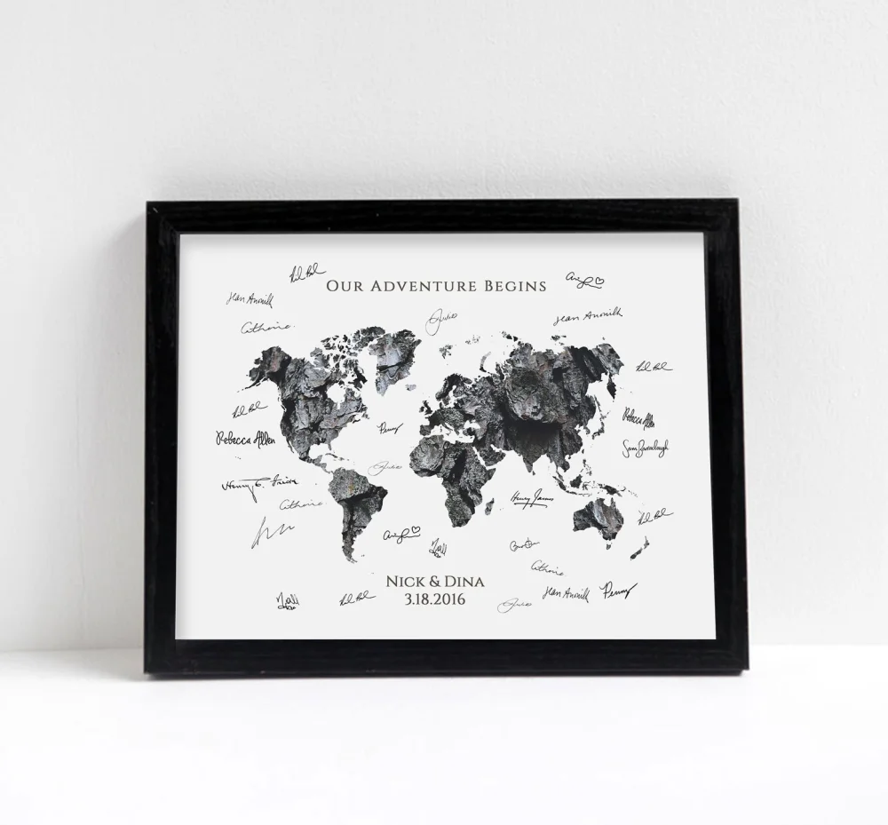 World Map Our Adventure Begins wedding guestbook or art print - Natural Series wood, burlap, sand Hometown Wall Art