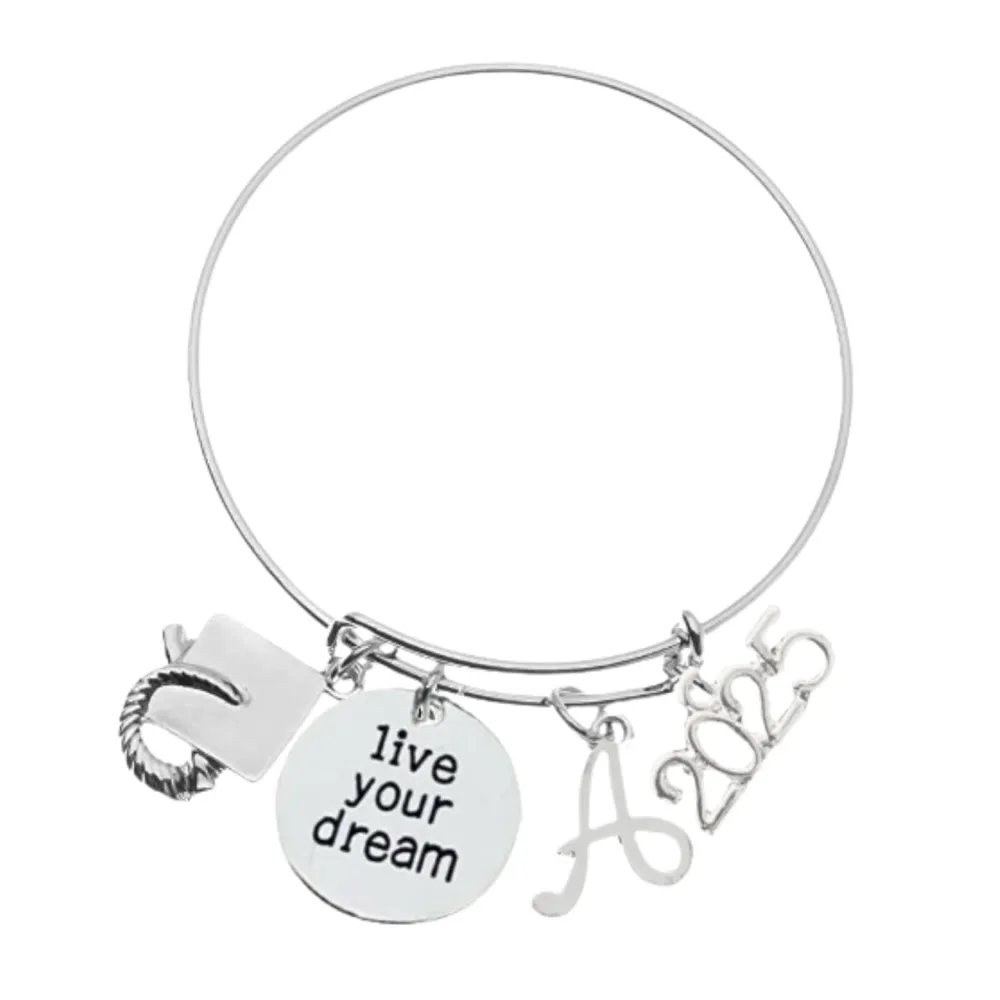 Infinity Collection 2025 Personalized Graduation Bangle Bracelet with Letter Charm - Girls Graduation Gift, Gift for Graduates, Class of 2025