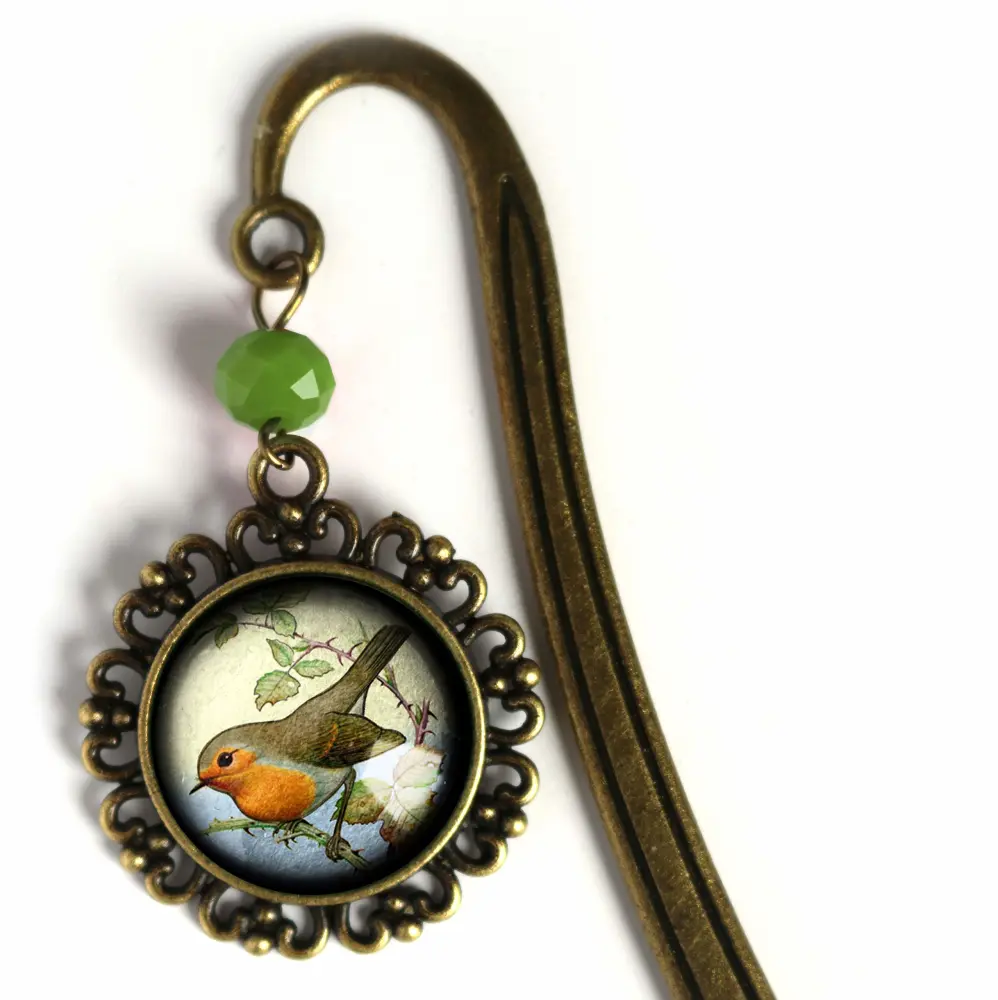 Spring Robin Brass Bookmark with Reversed Decoupage Glass Cabochon