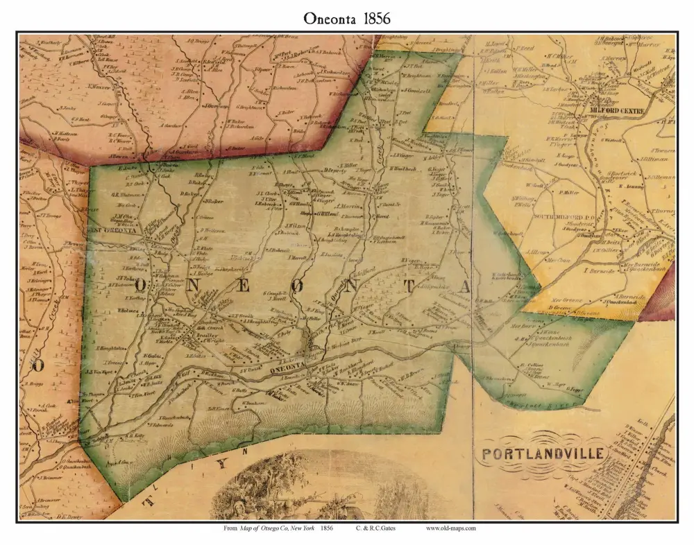 Oneonta 1856 Old Town Map with Homeowner Names New York - Reprint Genealogy Otsego County NY TM