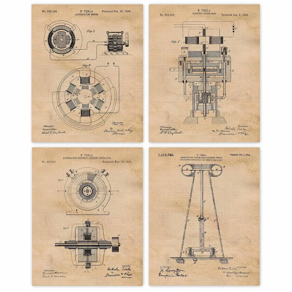 Vintage Science Nikola Tesla Patent Prints, 4 (8x10) Unframed Photos, Wall Art Decor Gift for Home Office Work Garage Man Cave School Lab College Student Teacher Scientist Electrical Engineer Fan