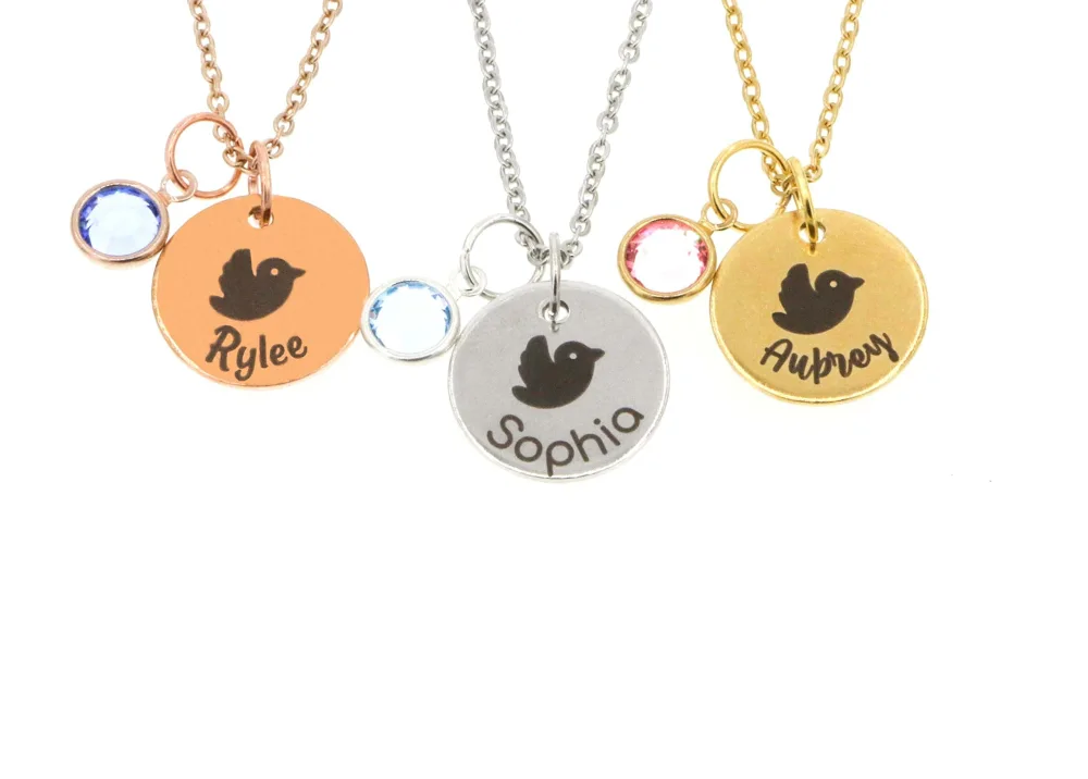 Personalized Little Girls Necklace - Custom Name, Birthstone Crystal - Laser Engraved Disc - Baby Chick Cute Spring Gift - DGR-15mm