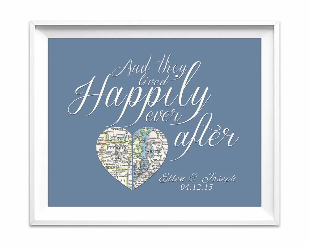 Happily Ever After Custom Wedding Couple Split 2 Vintage Heart Maps Art Print, Unframed, Customized Colors, All Sizes