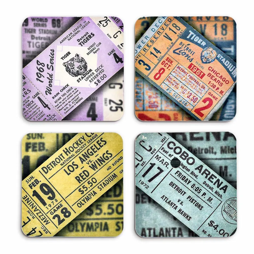 Detroit Sports Vintage Ticket Stubs Hardboard Drink Coasters (set of 4)