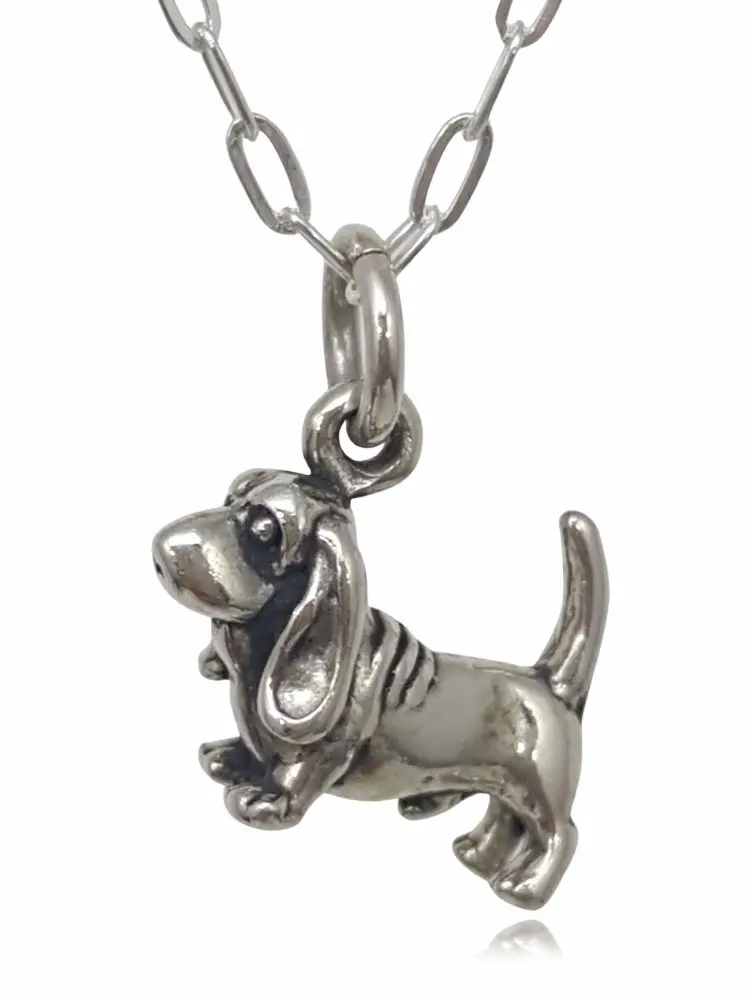 Sterling Silver Tiny Basset Hound Dog 3D Charm Necklace, 18"