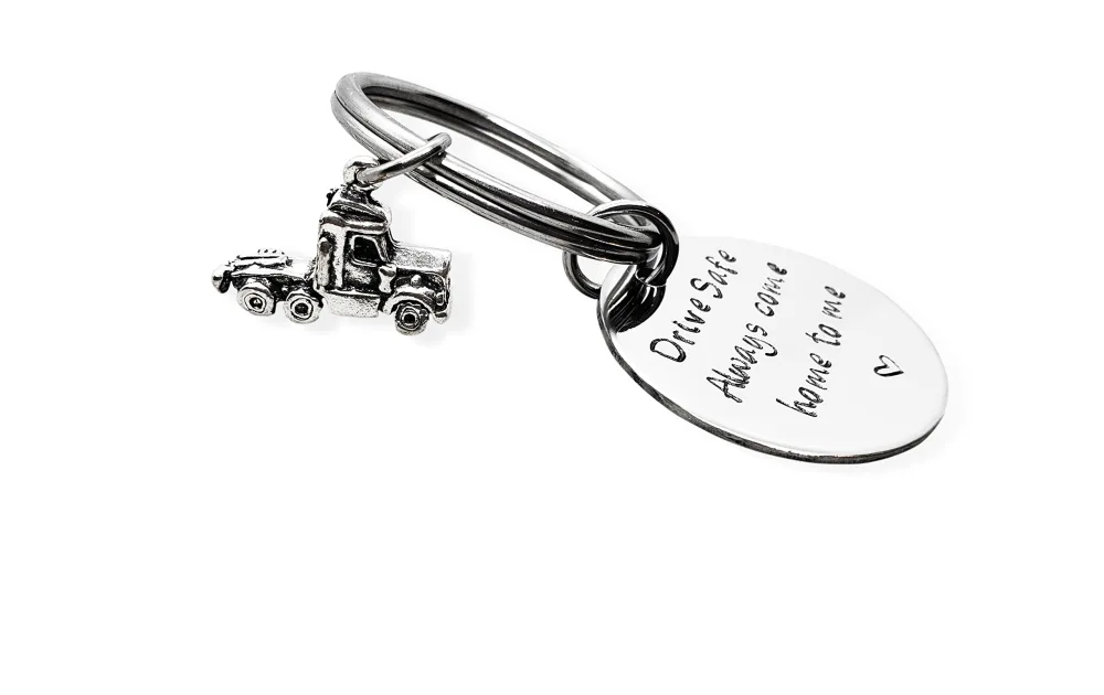 Drive Safe Key Chain with Semi Truck Charm, Always Come Home to Me, Handstamp Truck Driver Be Safe Gift