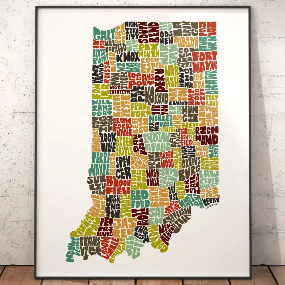 Indiana Map Art Print, Signed Print from my Original Hand-Drawn Typography Map Art Series, Indiana Map Print