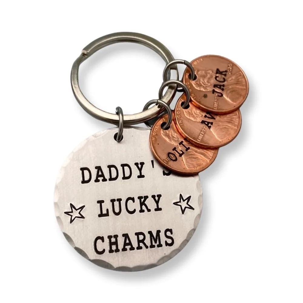 Personalized Daddy Keychain, Lucky Penny Keychain, Name Key Chain, Father's Day Gift for Husband, Grandfather Keychains