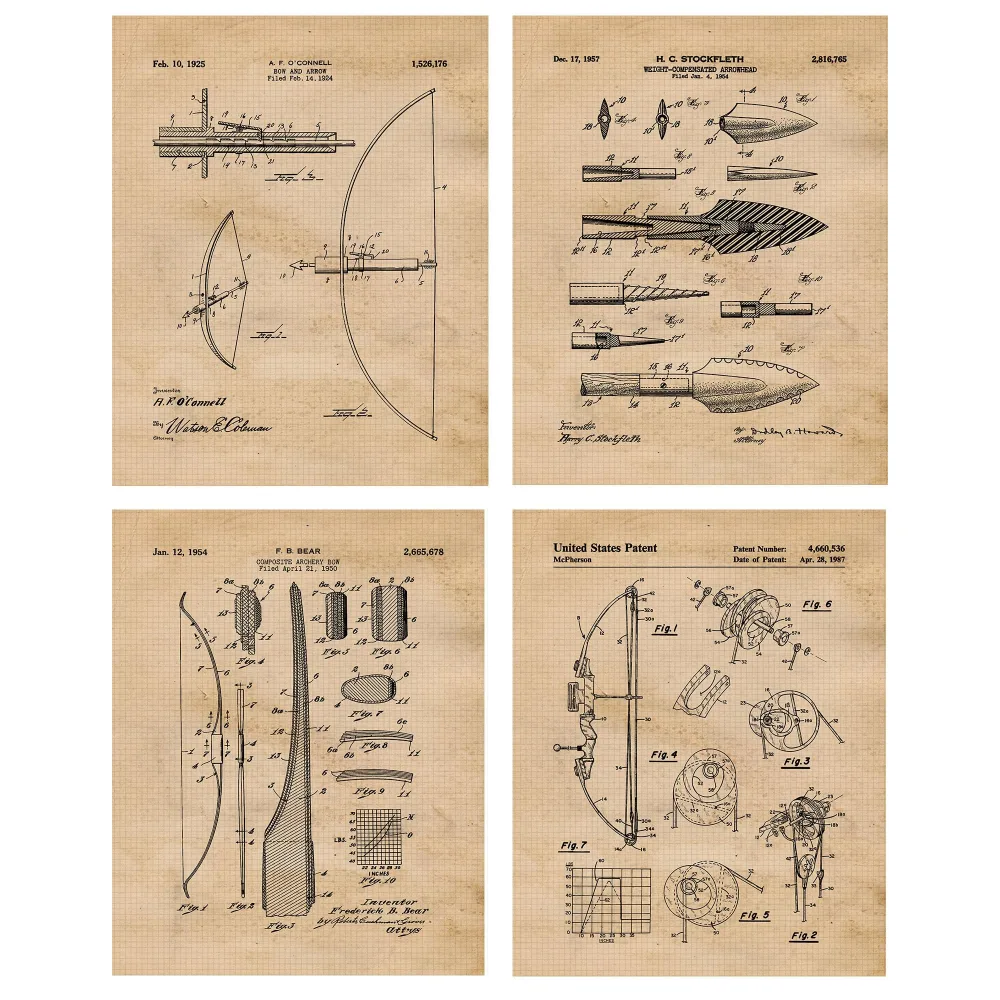 Vintage Bow Arrow Patent Prints, 4 (8x10) Unframed Photos, Wall Art Decor Gift for Home Hunter Office Gears Garage Work Shop School College Student Teacher Coach Fishing Hunting Outdoors Sportsman