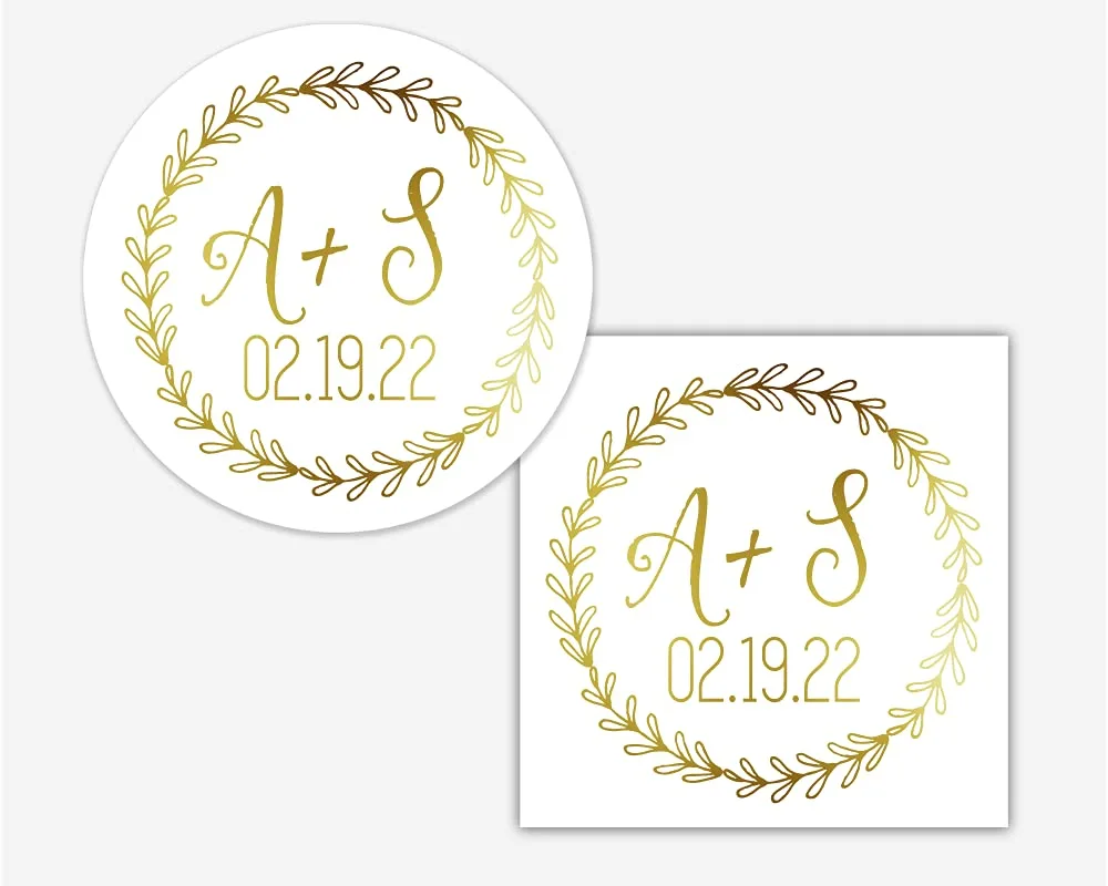 Save the Date Initials Color Foil Wreath Envelope Seals/Stickers for Wedding Invitations or Favors (#274-F)