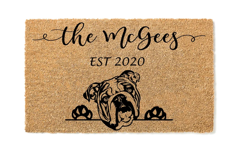 Custom Coconut Coir Doormat with English Bulldog, Personalized Doormat, Bulldog Welcome Mat, Housewarming Gift, Last Name Door Mat, Closing Gift, Pet Lover Entryway Rug 1169