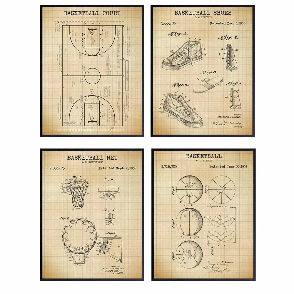 Basketball Patent Prints - Cool Unique Gift or Home Decor for Boys Room, Kids or Teens Bedroom, Office, Den - 8x10 Wall Art Posters Set