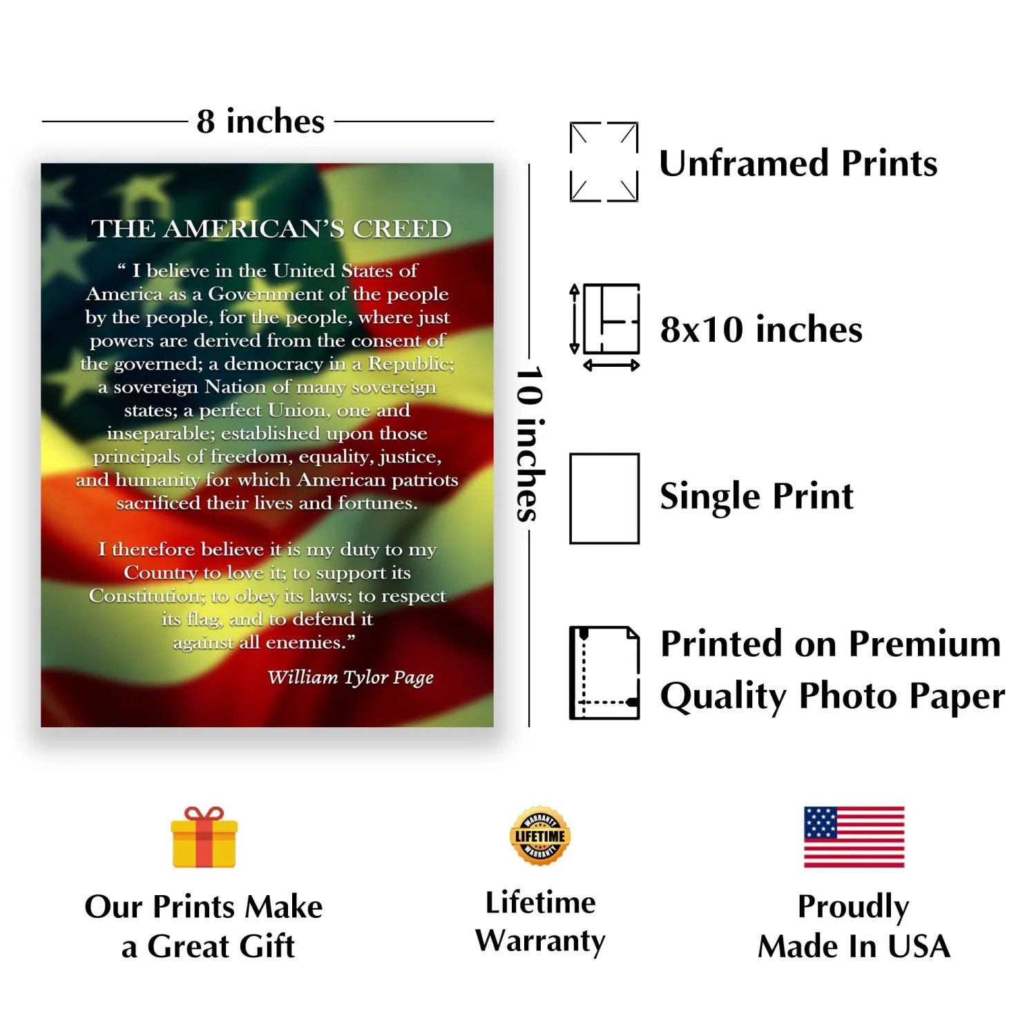 William Tyler Page Quotes Wall Art- The American Creed Wall Decor Print, This Pro-American Patriotic Wall Decor Poster Is Ideal For a Home, Office, Garage and Man Cave Decor, Unframed - 8x10"