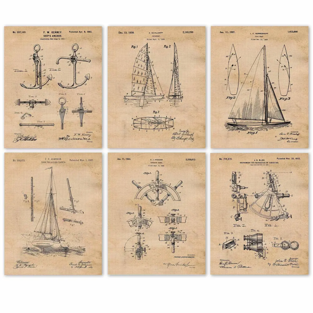 Vintage Sailing Patent Prints, 6 (8x10) Unframed Photos, Wall Art Decor Gifts for Home Office Tools Garage Shop Engineer College Student Teacher Coach Team Boating Catamaran Regatta Marine Sea Fans