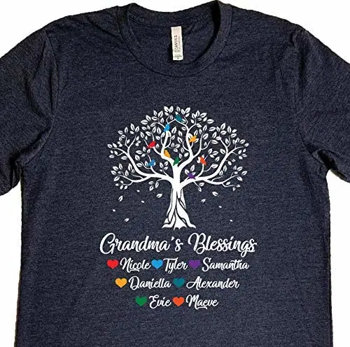 Grandma Tree Shirt Grandma Shirt with Grandkids Names Custom Grandma's Blessings shirt Personalized Grandma Shirt with Tree Bird and Grandchildren Names