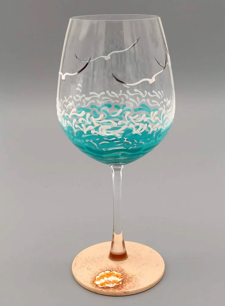 Tropical Beach Wine Glass - Hand Painted - Personalized - Ocean, Waves, Seagulls, Sea Shell