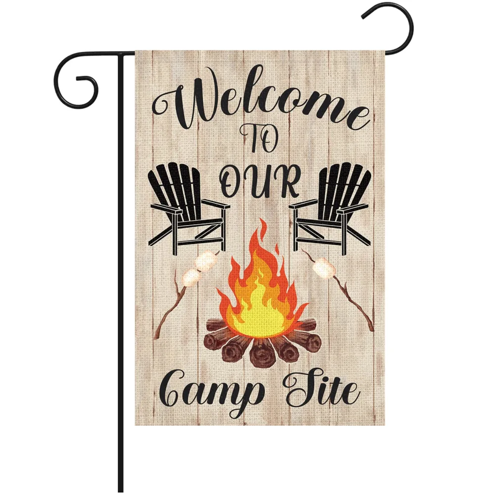 Louise Maelys Camper Camping Garden Flag for Campsite Vertical 12x18 Double Sided, Welcome to Our Camp Site Small Camping Flags Outdoor Fire Pit Camper Camping Campsite Decoration (ONLY FLAG)