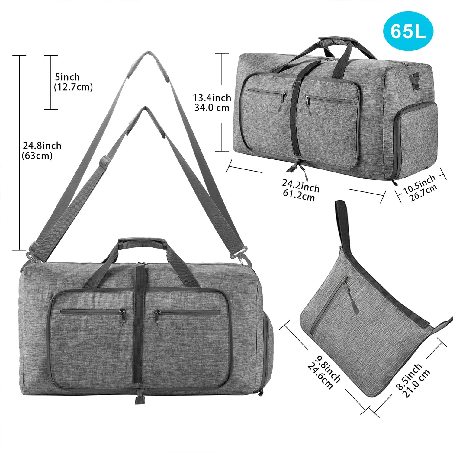 Vomgomfom Travel Duffle Bag for Men, 65L Foldable Travel Duffel Bag with Shoes Compartment Overnight Bag for Men Women Waterproof & Tear Resistant 65L 85L 115L