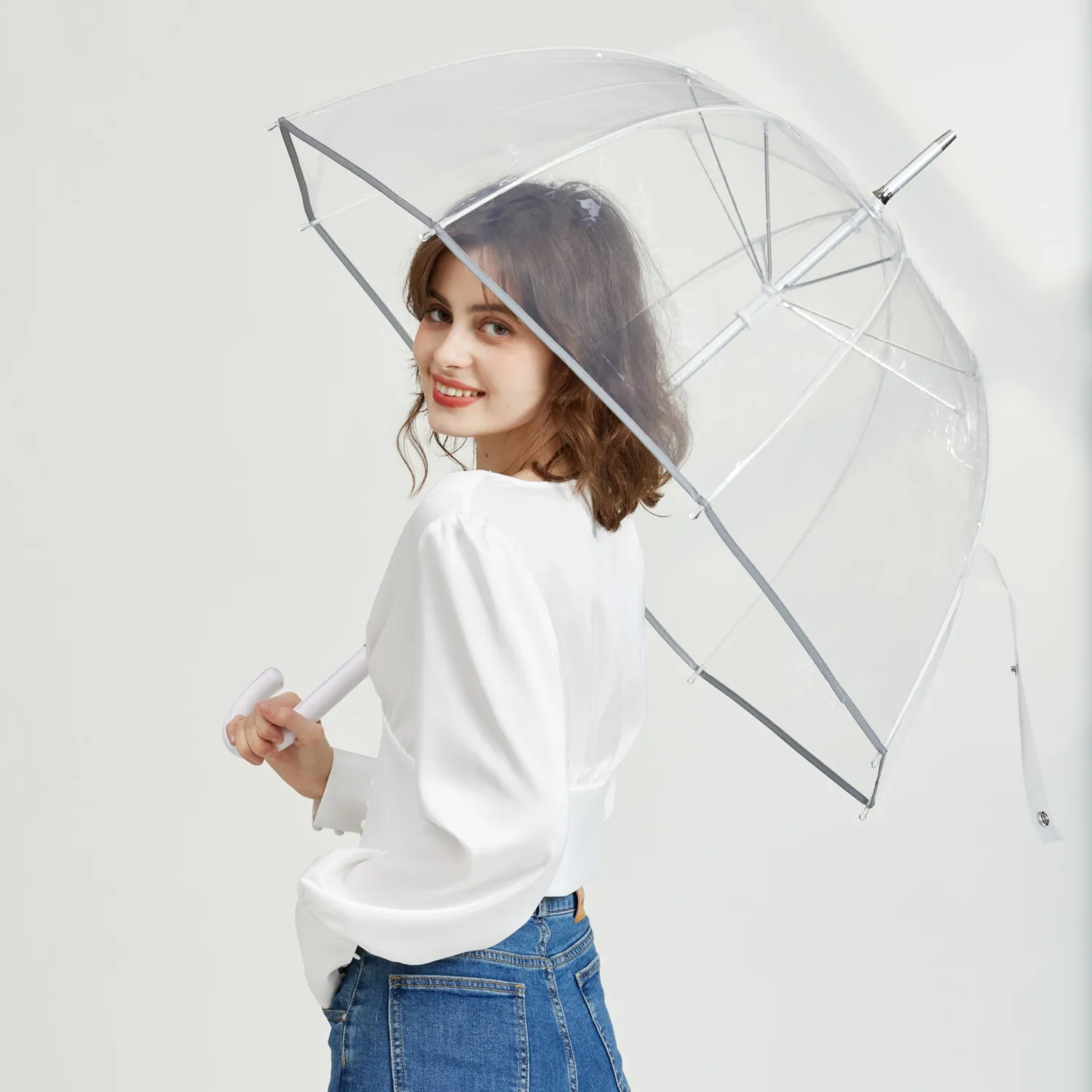52 Inch Bubble Clear Umbrella for Weddings, Bulk Large Adult Transparent Umbrella Windproof Dome Rain Bubble Umbrella