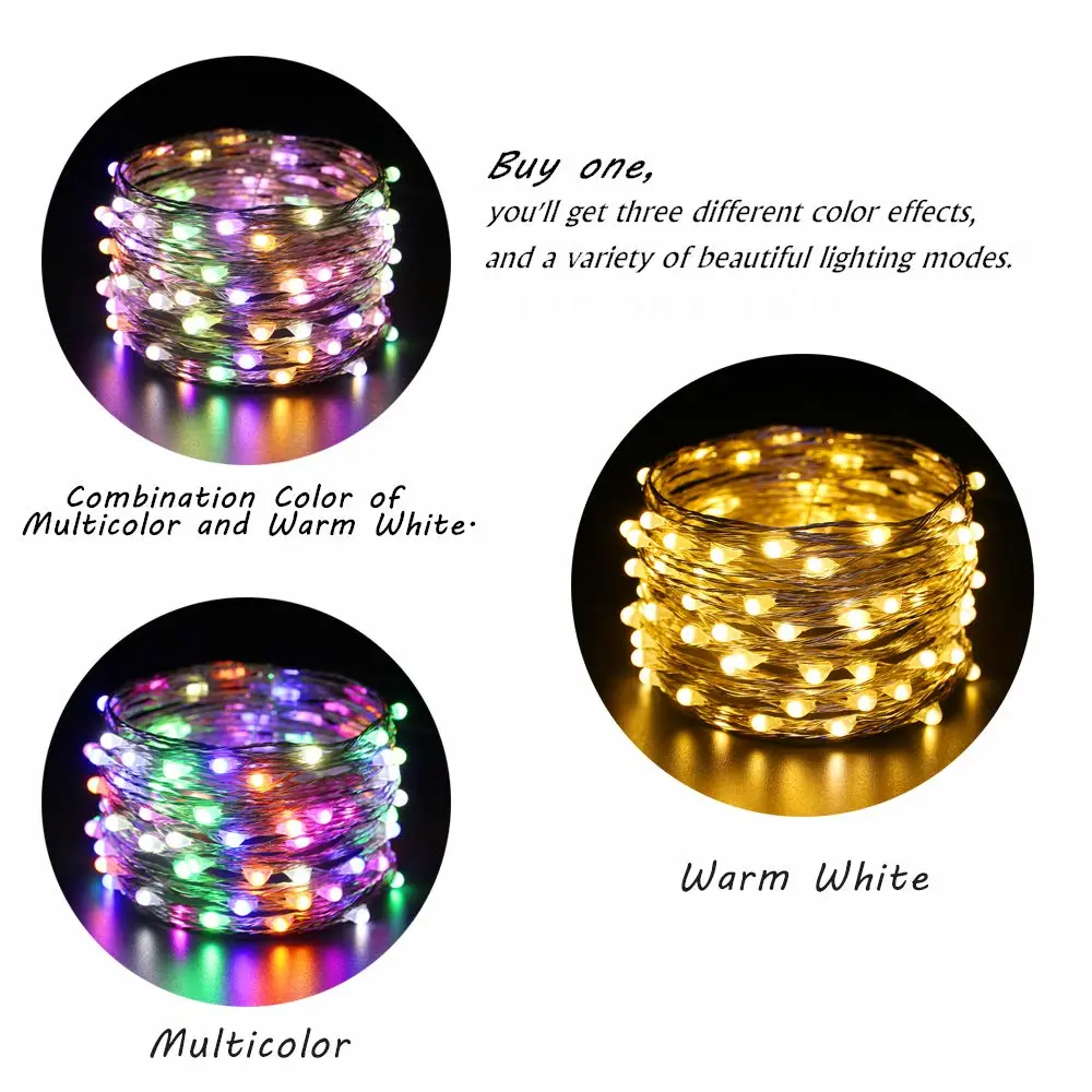 ER CHEN 2 Pack Dimmable USB String Lights, 33ft 100 LED Warm White & Multi-Color Changing Fairy Lights with Remote&Timer, 8 Modes Silver Coated Copper Wire Lights for Bedroom, Patio, Party
