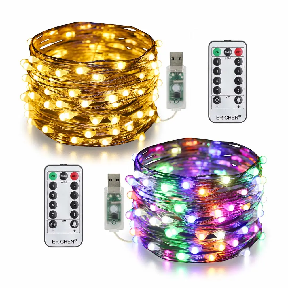 ER CHEN 2 Pack Dimmable USB String Lights, 33ft 100 LED Warm White & Multi-Color Changing Fairy Lights with Remote&Timer, 8 Modes Silver Coated Copper Wire Lights for Bedroom, Patio, Party