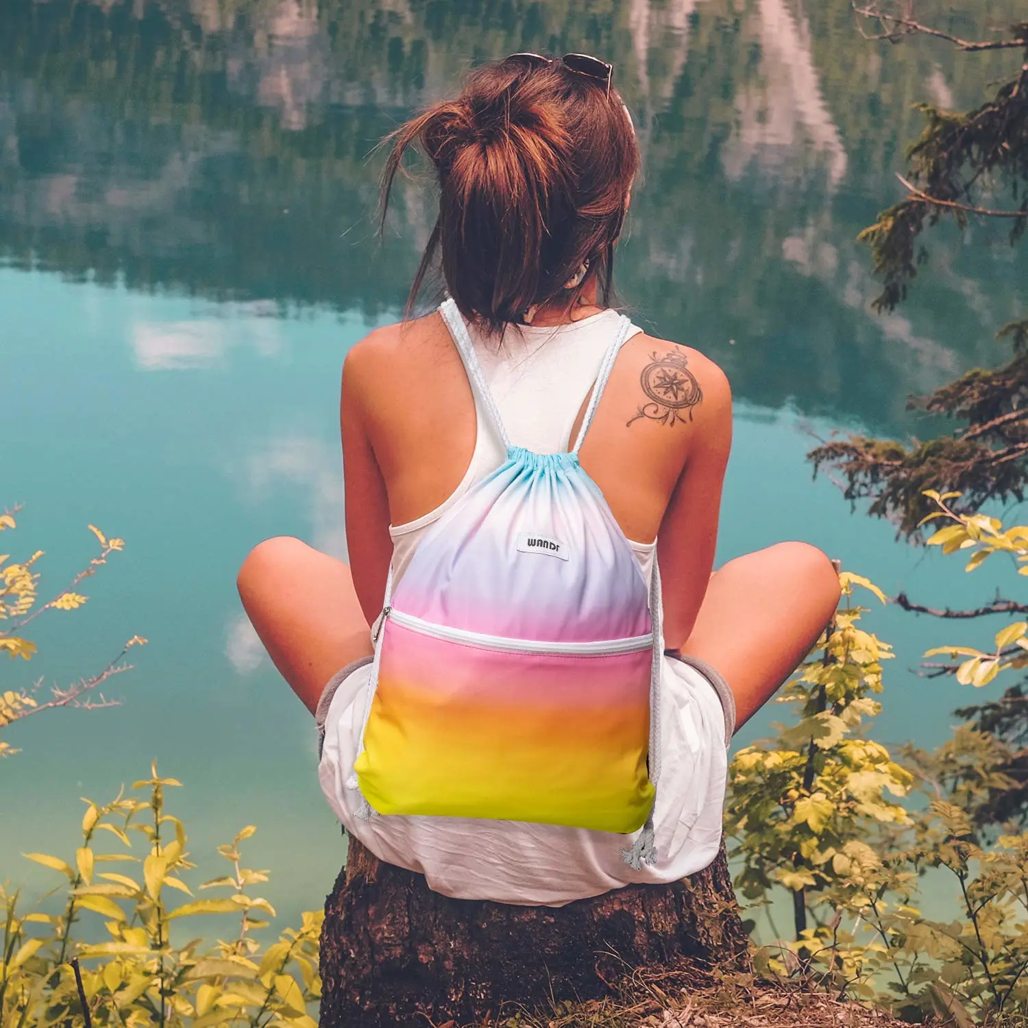 WANDF Drawstring Backpack String Bag Sackpack Cinch Water Resistant Nylon for Gym Shopping Sport Yoga (Rain bow)