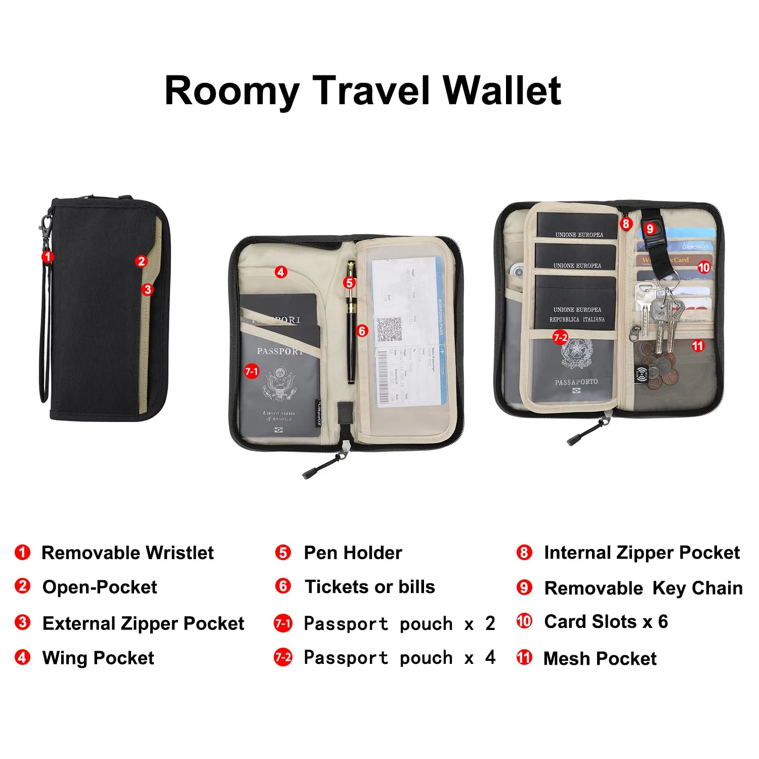 ZOPPEN RFID Travel Passport Wallet & Documents Organizer Zipper Case with Removable Wristlet Strap