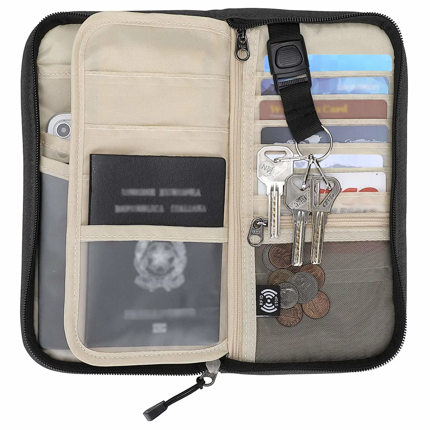 ZOPPEN RFID Travel Passport Wallet & Documents Organizer Zipper Case with Removable Wristlet Strap
