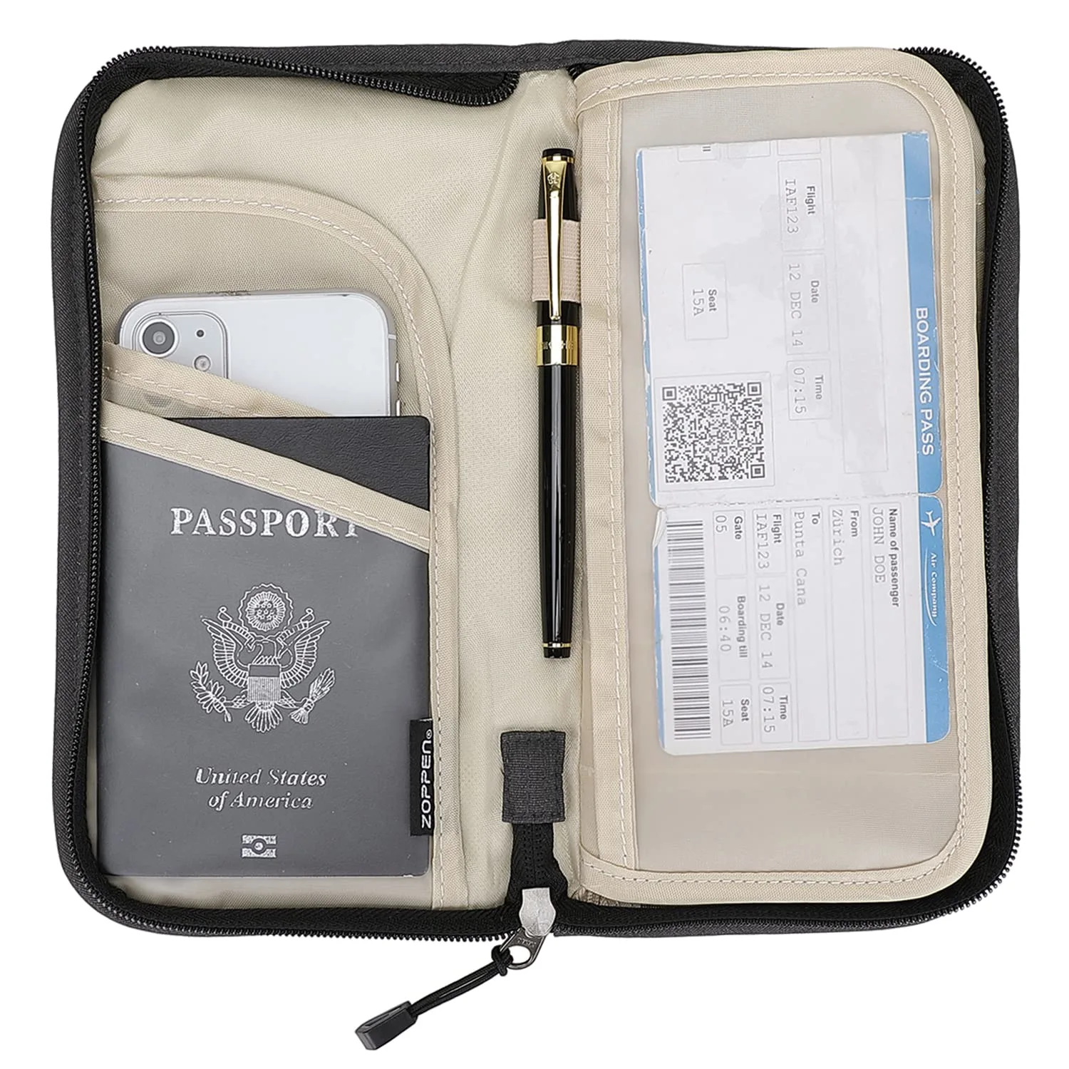 ZOPPEN RFID Travel Passport Wallet & Documents Organizer Zipper Case with Removable Wristlet Strap