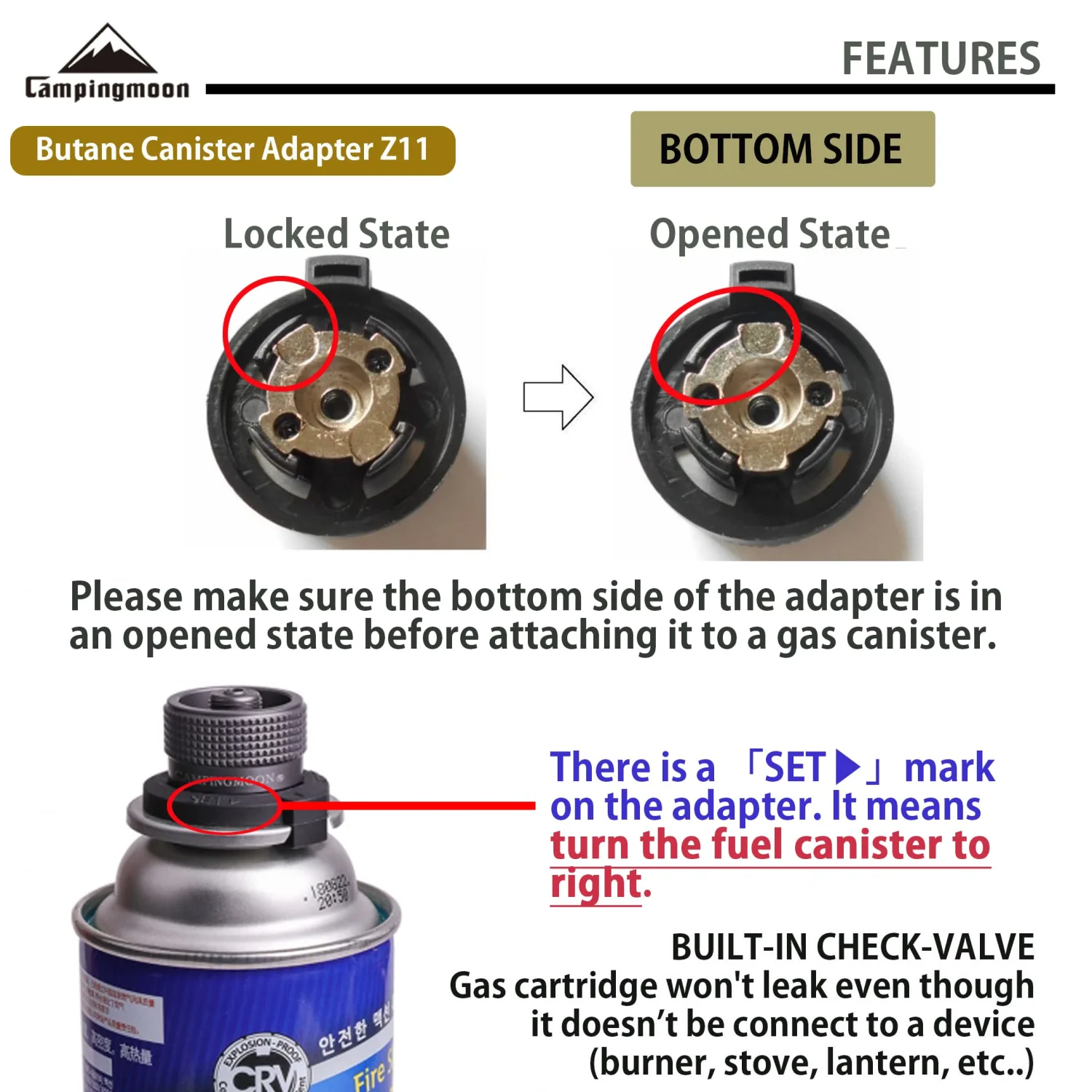 CAMPINGMOON Camping Grill Gas Stove Adapter of 1Lb Propane Adapter & Butane Canister Adapter Z11+Z22