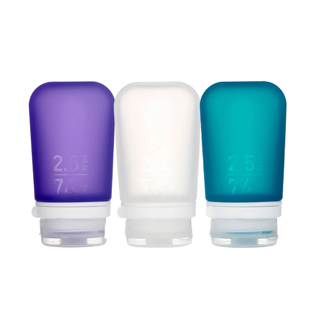 humangear GoToob+ 3-Pack (Medium) | Refillable Silicone Travel Bottle | Locking Lid | Food-Safe Material, Clear/Purple/Teal, Medium (2.5 fl.oz.; 74ml)