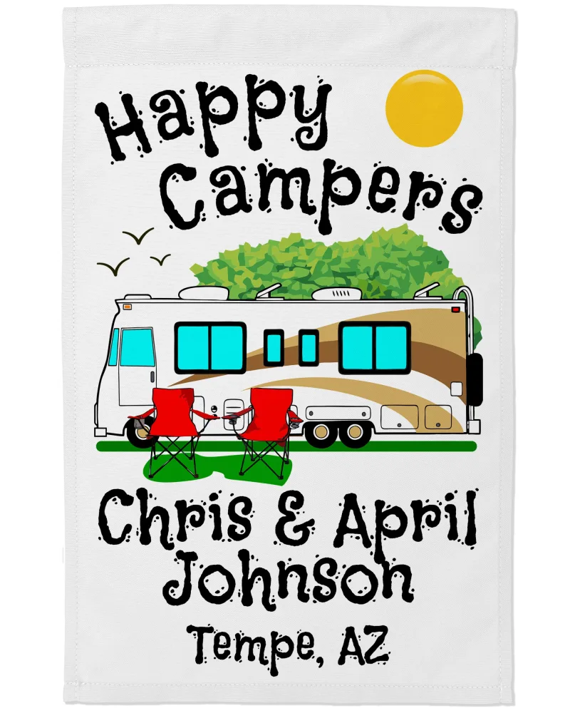 Personalized Happy Campers Camping Flag, Class A Motorhome with 3 Additional Lines of Custom Text, Brown and Gold Motorhome on White Fabric