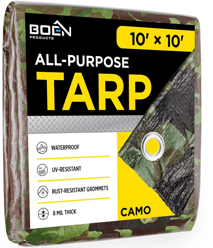 Multi-Purpose Camouflage Tarp Cover Heavy Duty Material (10' x 10' - Camo) Waterproof, Great Camping for Tarpaulin Canopy Tent, Boat, RV or Pool Cover and More