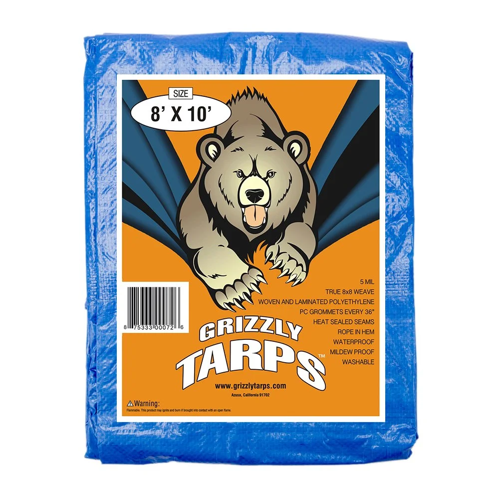 Grizzly Tarps by B-Air 8' x 10' Large Multi-Purpose Waterproof Heavy Duty Poly Tarp with Grommets Every 36", 8x8 Weave, 5 Mil Thick, for Home, Boats, Cars, Camping, Protective Cover, Blue