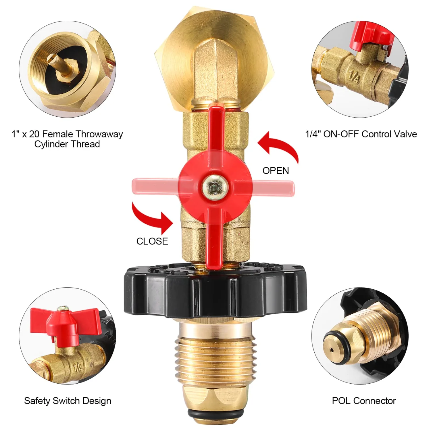 POL Propane Refill Elbow Adapter, 90 Degrees Propane Refill Adapter with ON-Off Control Valve, for All Camping Grill 1 LB Tank Cylinder 5-40LBS Cylinder