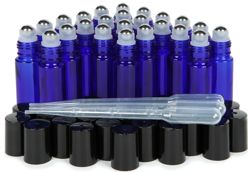 Vivaplex, 24, Cobalt Blue, 10 ml Glass Roll-on Bottles with Stainless Steel Roller Balls. 3-3 ml Droppers included