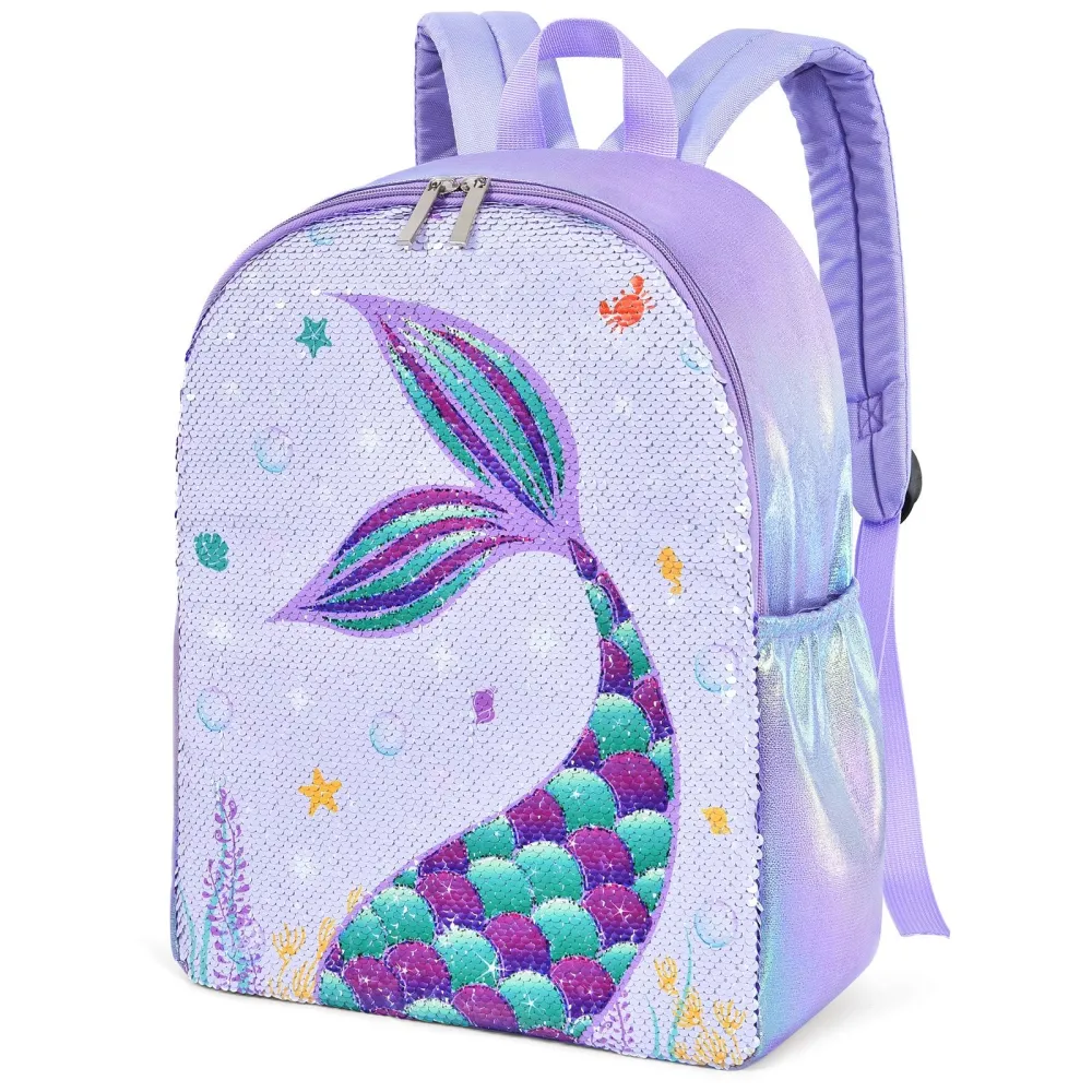 WERNNSAI Sparkly Girls Mermaid Kids Backpack - Sequins School Backpack for Kids Girls Preschool Kindergarten Elementary 15” Lightweight Travel Casual Book Bag Schoolbag