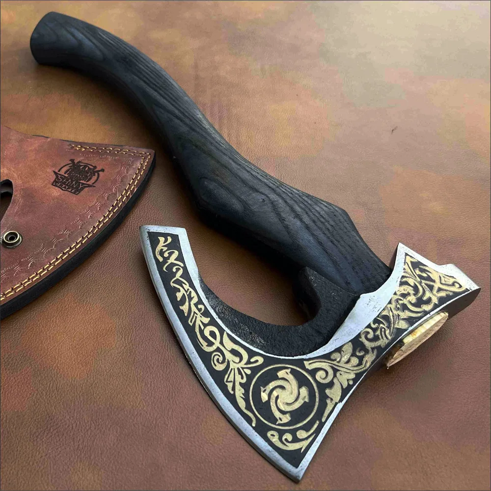 SHINY CRAFTS-Viking axe bearded axe tomahawk birthday gifts-Viking Axe with Carbon Steel Head and Ash Wood Handle is black polished, Viking Gifts for Men with Premium Quality Leather Sheath (SCA-0025)