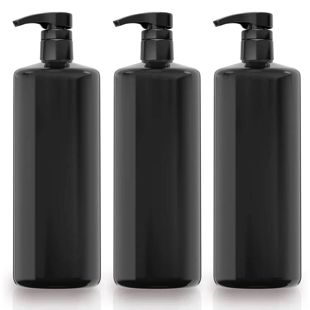 Bar5F 1-Liter BPA-Free Black Pump Bottles – Refillable PET Plastic Dispensers for Shampoo, Conditioner & Body Wash with UV Shield Gloss Finish, Heavy-Duty 3-Pack