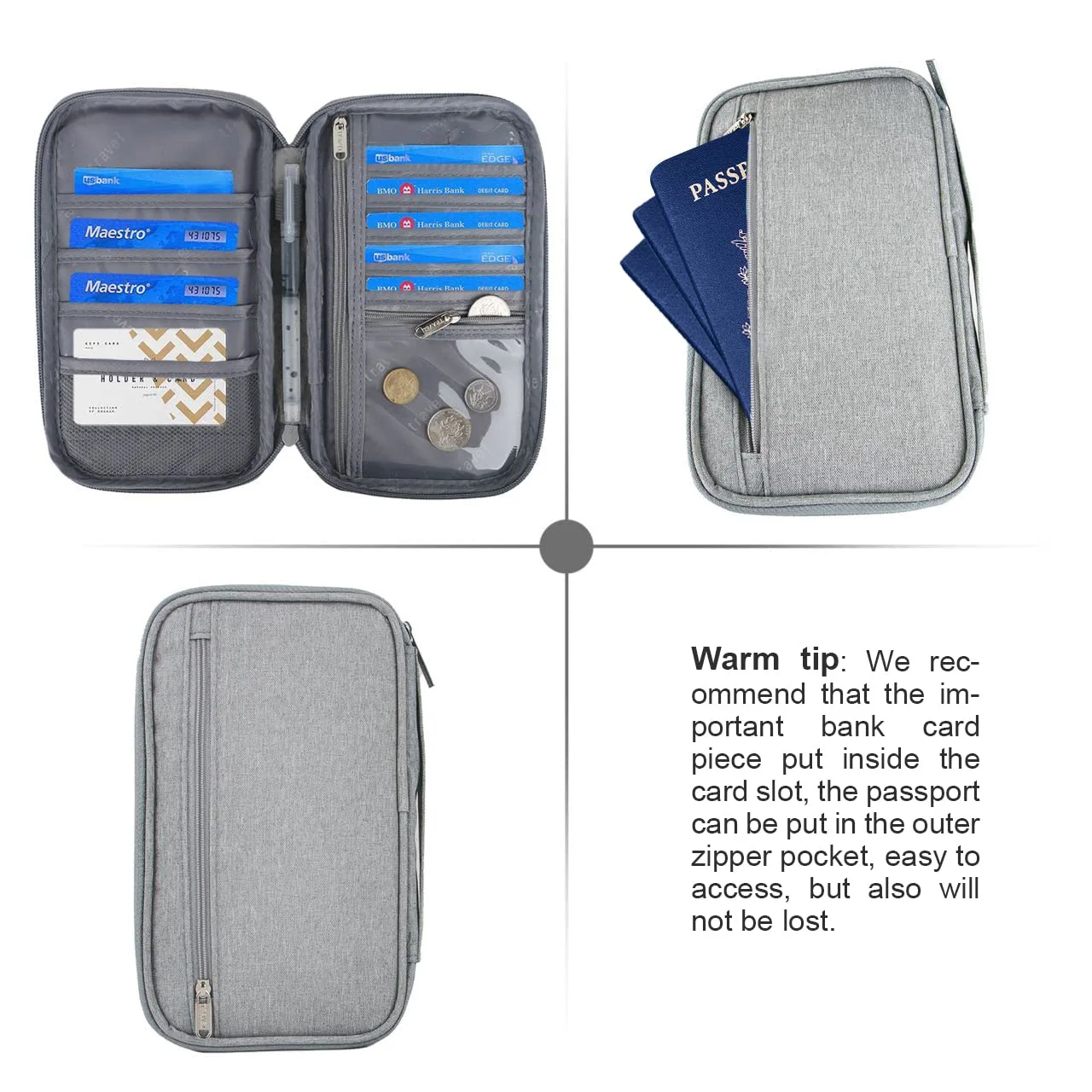 Ardanlingke Passport Wallets, Travel Wallet, Travel Document Organizer，RFID Family Passport Holder, Portable Case for Boarding Pass, ID, Money, Tickets with Zipper (gray)