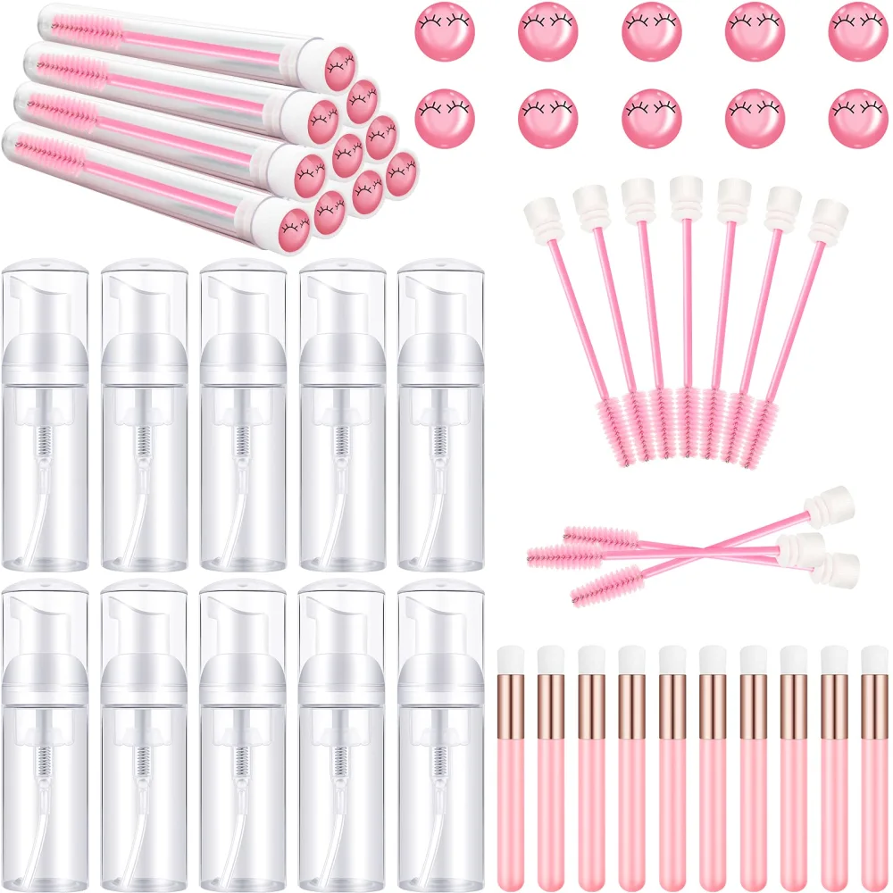 30 Pieces Nose Brushes Set 1.8oz Empty Bottle Travel Soap Bottle and Lash Shampoo Brushes Diamond Eyelash Foaming Soap Pump Dispenser Lash Wand Makeup Tool for Women, 50ml(Pink)