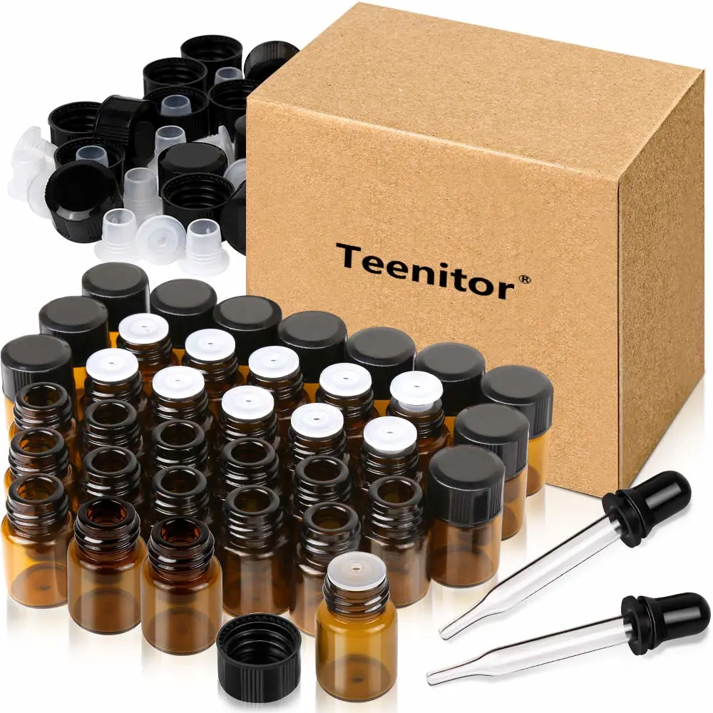 Teenitor Oil Bottles for Essential Oils, 36 Pcs 2 ml (5/8 Dram) Amber Glass Vials Bottles, with Orifice Reducers and Black Caps, with 2 Free Glass Transfer Eye Droppers