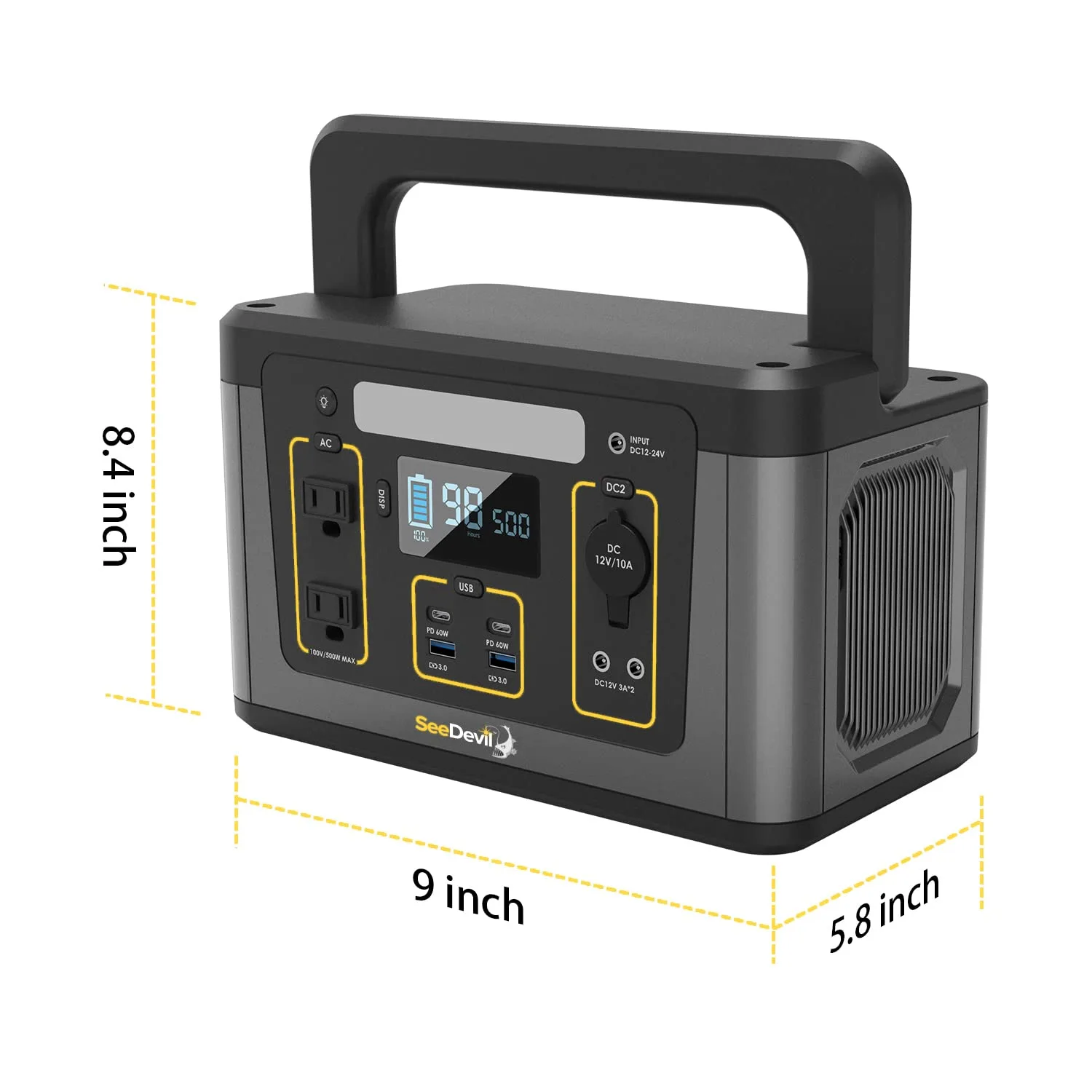 SeeDevil Portable Power Station 500W, 560Wh Lithium Battery, 110V/500W Pure Sine Wave AC Outlet, Solar Generator (Solar Panel Not Included) Great for Camping, Emergency Power, Off-Grid, Outdoor use