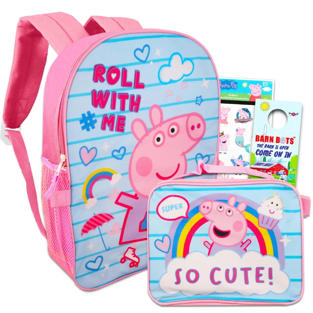 Peppa Pig Backpack Lunch Box Set For Kids, Toddlers ~ 3 Pc Bundle With Peppa Pig School Bag, Lunch Bag, And Stickers (Peppa Pig School Supplies)