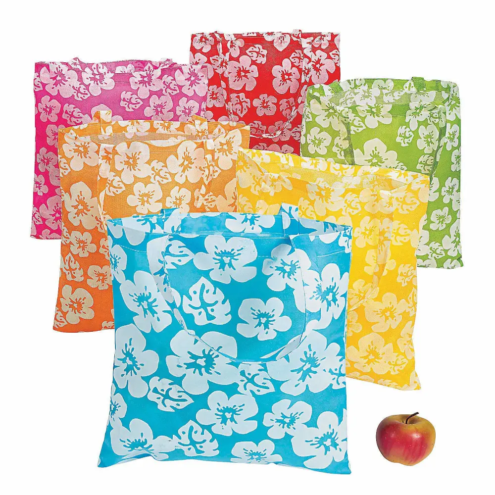 Fun Express Reusable Hibiscus Tote Bags (set of 12) Bright Haiwian colors, Tiki and Luau theme - Great for Groceries or Destinaton Wedding and Party Favors