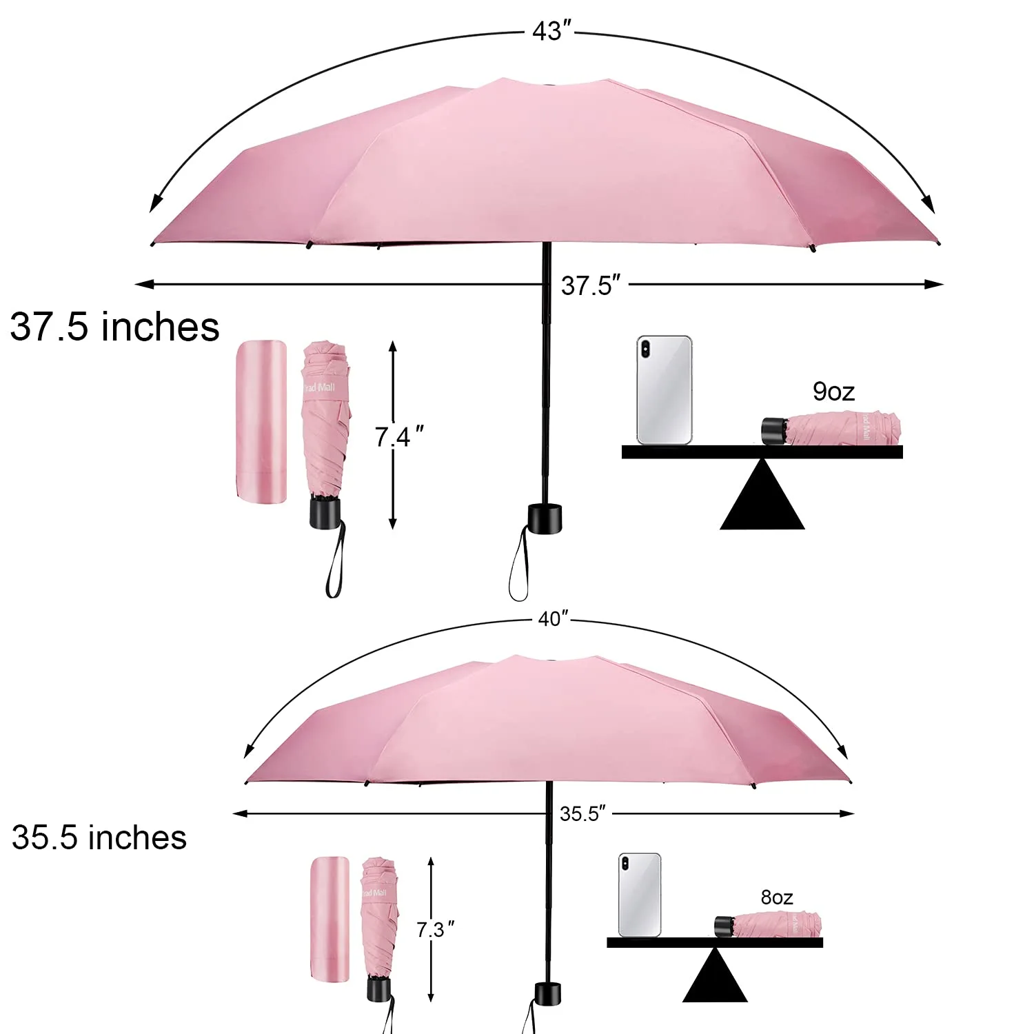 TradMall Mini Travel Umbrella, Portable Lightweight Compact Parasol with 95% UV Protection for Sun & Rain
